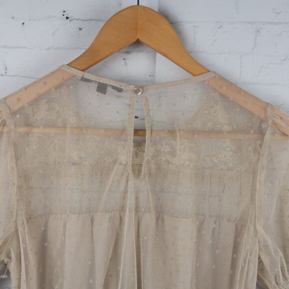 AMBIANCE TAN SHORT SLEEVE ROUND NECK SHEER TOP WITH LACE DETAIL SIZE M - Picture 9 of 9